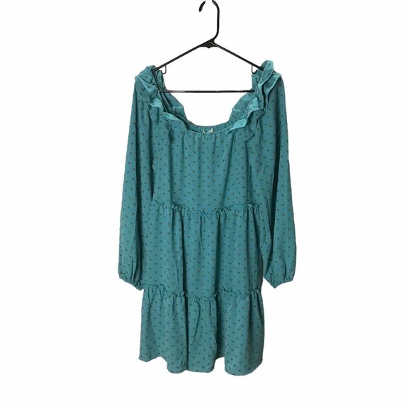 J.O.A. Women’s Size Medium Teal Ruffle Tiered Mini Dress Long Sleeve Style 15062 - Picture 6 of 16